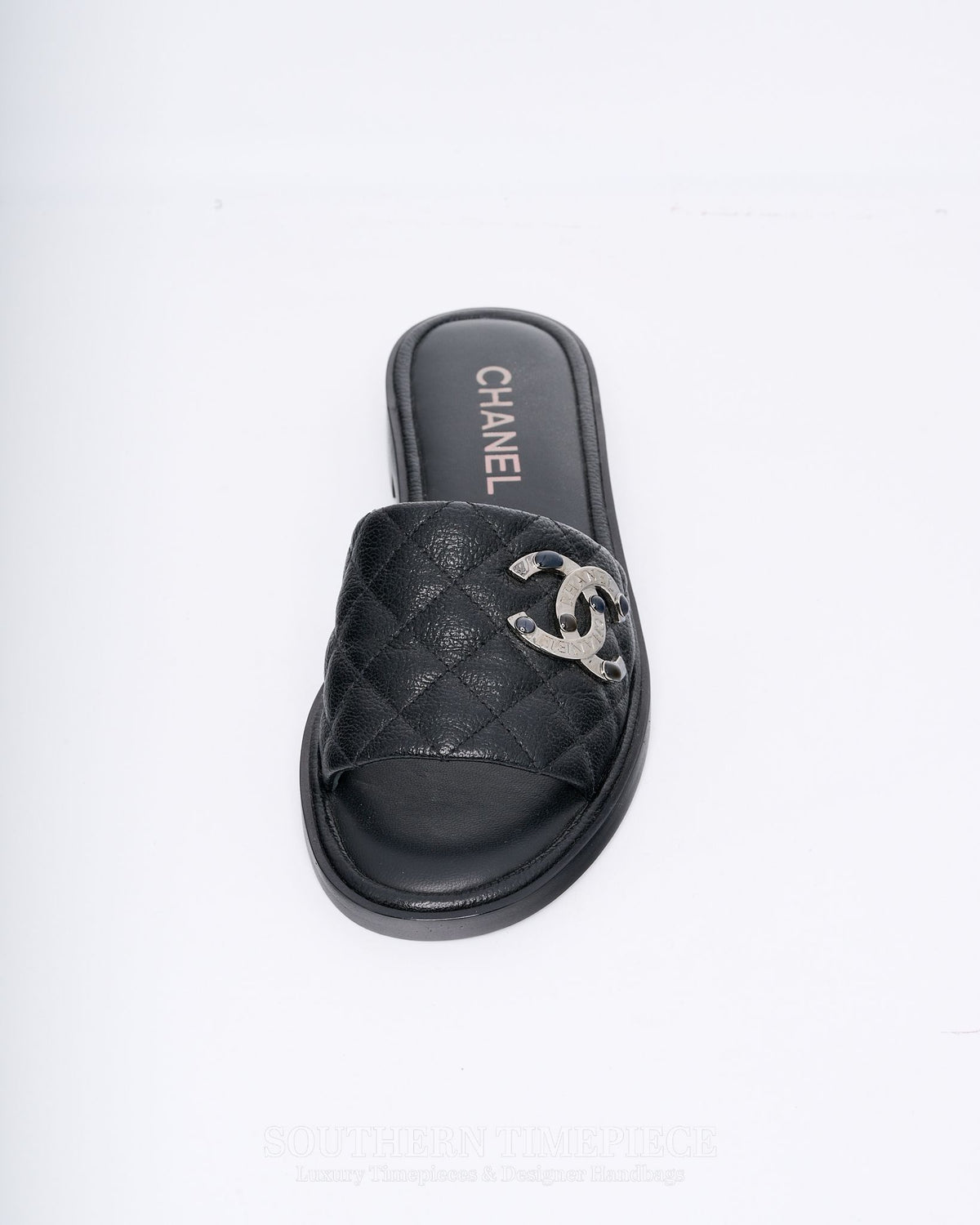 Chanel CC Logo Quilted Slides - Black Shiny Goatskin Leather (Size 36)