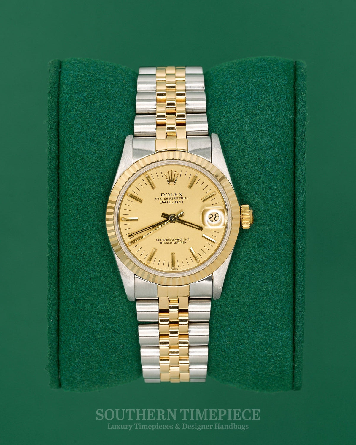 31mm Rolex Datejust with Champagne Stick Dial in 18kt Yellow Gold and Stainless on Jubilee (Ref: 68273)(Year: 1984)