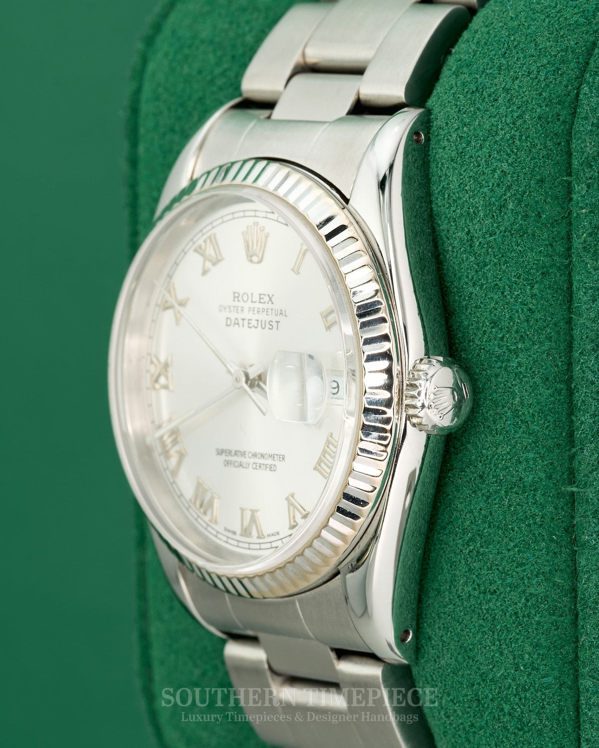 36mm Rolex Datejust with Silver Roman Dial in Stainless Steel on Oyster (Ref: 16220)(Year: 1990)