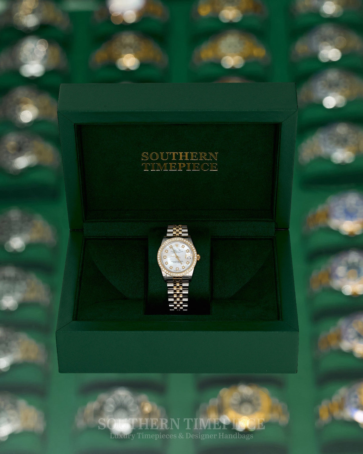 31mm Rolex Datejust with Custom Mother of Pearl Diamond Dial and Diamond Bezel in 18kt Yellow Gold and Stainless on Jubilee (Ref: 68273)(Year: 1989)