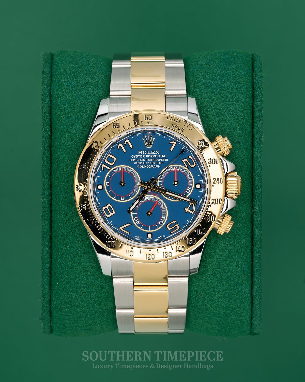 40mm Rolex Daytona with Rare Blue Racing Dial in 18kt Yellow Gold and Stainless on Oyster (Ref: 116523)(Year: 2009)(Box & RSC Card)