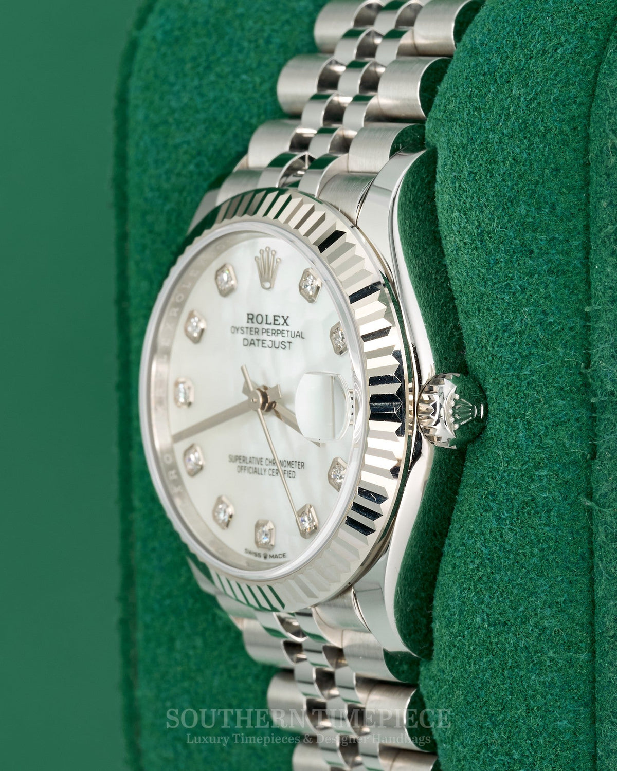 31mm Rolex Datejust with Factory Mother of Pearl Diamond Dial in 18kt White Gold and Oystersteel on Jubilee (Ref: 278274)(Year: 2024)(Box & Papers)