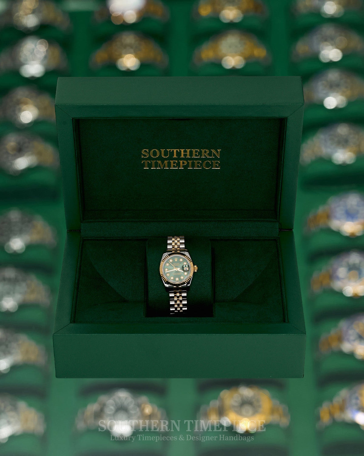 26mm Rolex Datejust with a Custom Green Diamond Dial in 18kt Yellow Gold and Stainless on Jubilee (Ref: 179173)(Year: 2009)