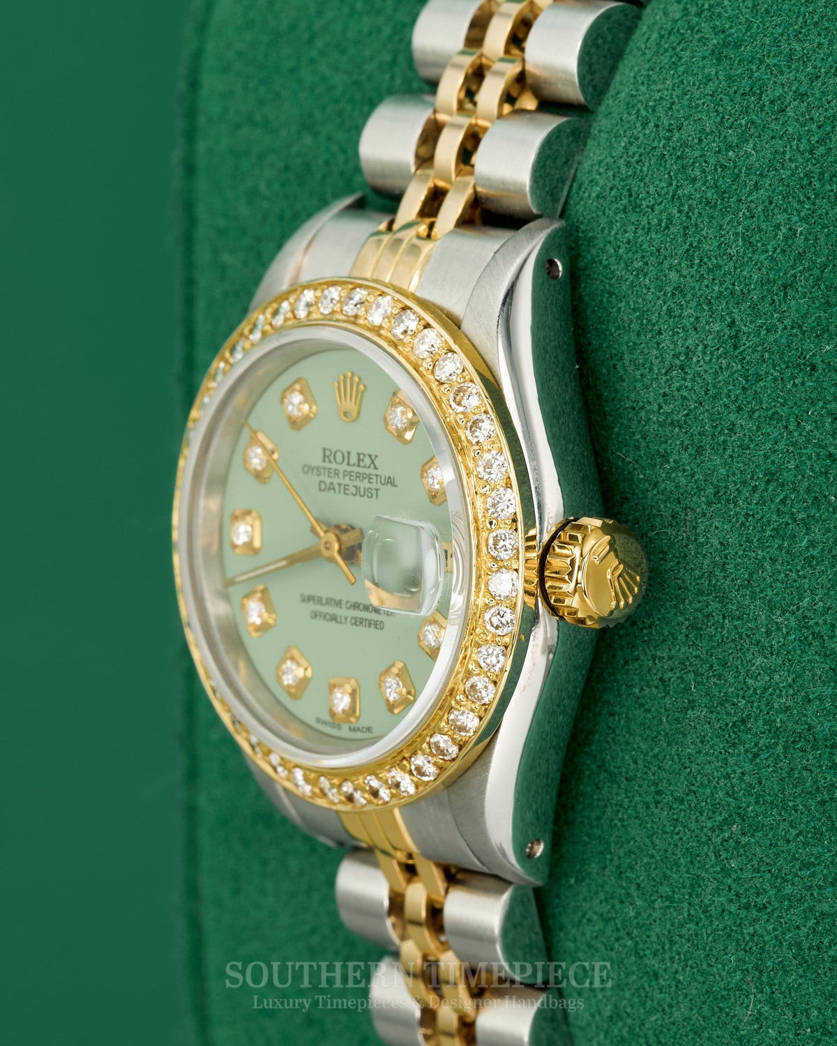 26mm Rolex Datejust with Custom Pistachio Diamond Dial and Diamond Bezel in 18kt Yellow Gold and Stainless (Ref: 69173)(Year: 1984)