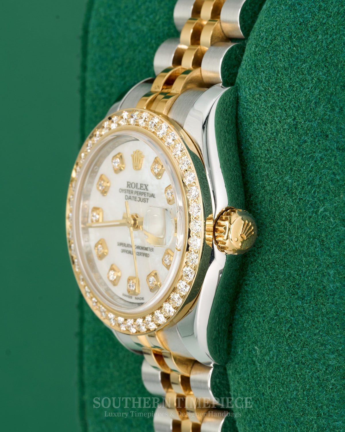26mm Rolex Datejust with Custom Mother of Pearl Diamond Dial and Diamond Bezel in 18kt Yellow Gold and Stainless on Jubilee (Ref: 179173)(Year: 2007)