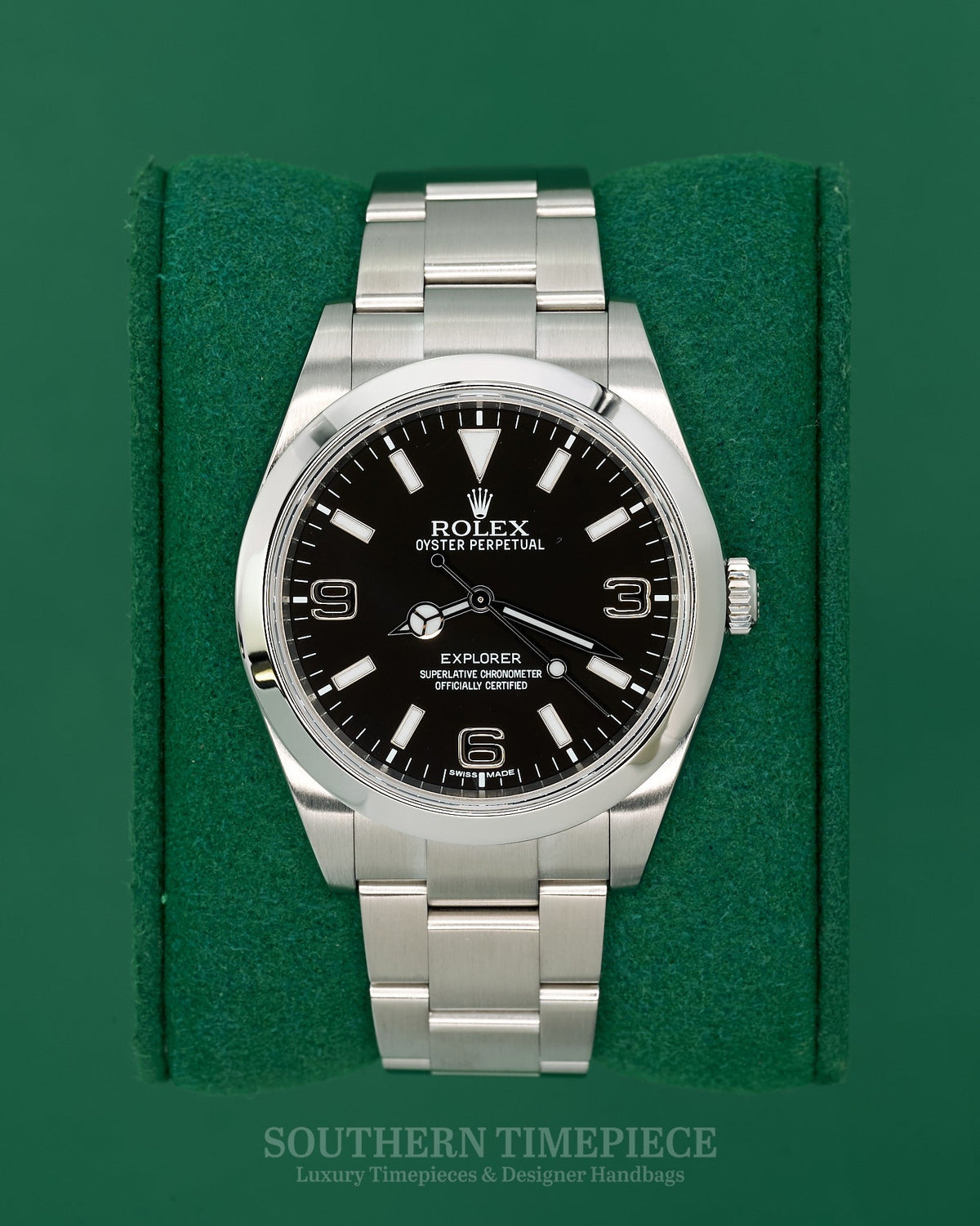 39mm Rolex Explorer I with Black Dial in Stainless Steel on Oyster (Ref: 214270)(Year: 2011+)