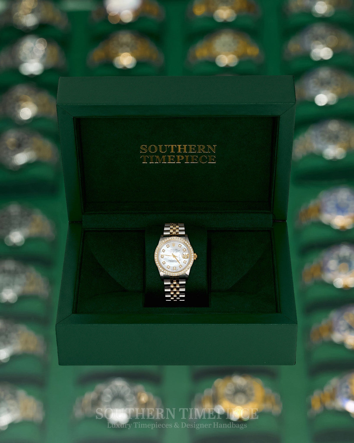 31mm Rolex Datejust with Custom Mother of Pearl Diamond Dial and Diamond Bezel in 18kt Yellow Gold and Stainless on Jubilee (Ref: 68273)(Year: 1989) (M332235)