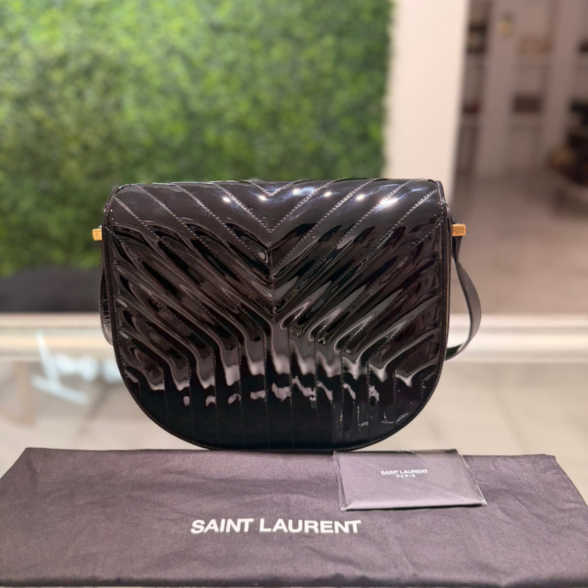 Saint Laurent YSL Joan Satchel - Black Quilted Chevron Patent Leather