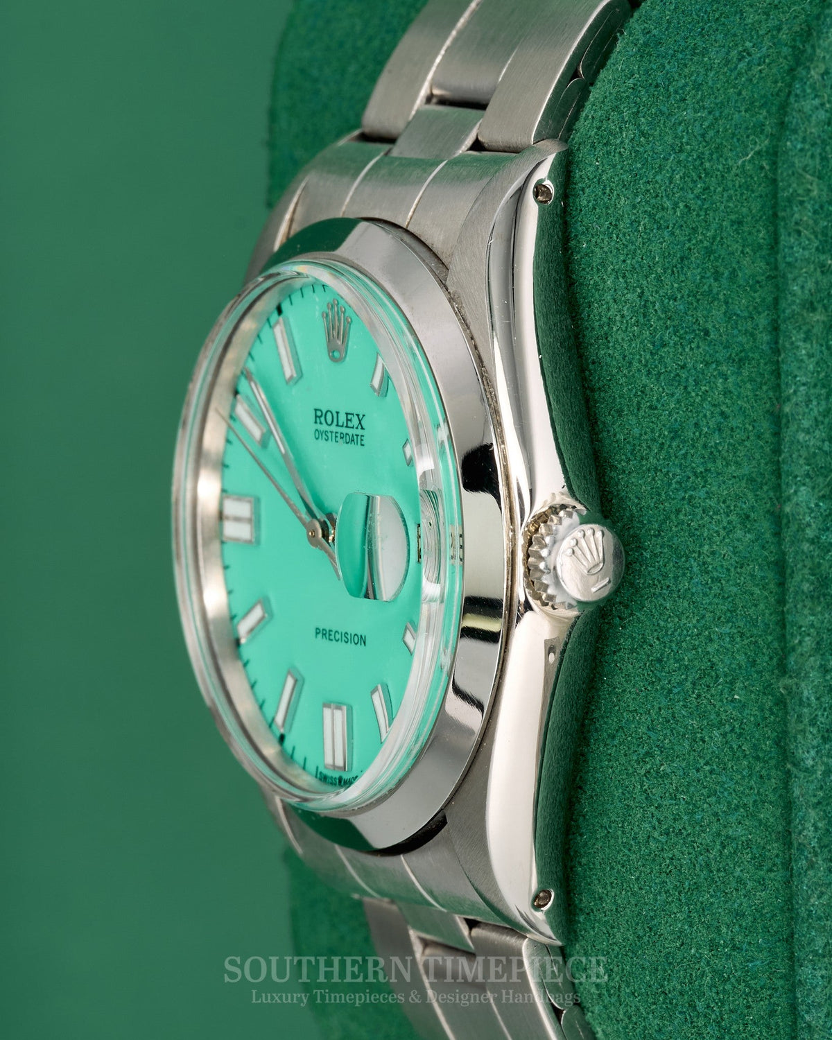 34mm Rolex Oysterdate Precision with Custom Tiffany Blue Stick Dial in Stainless on Riveted Oyster (Ref: 6694)(Year: 1971)