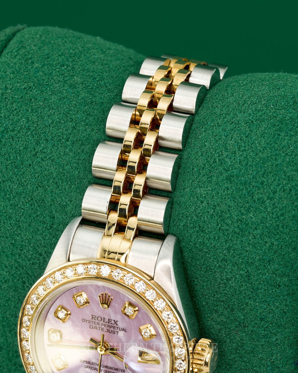 26mm Rolex Datejust with Custom Pink Mother of Pearl Diamond Dial and Diamond Bezel in 18kt Yellow Gold and Stainless (Ref: 69173)(Year: 1987)