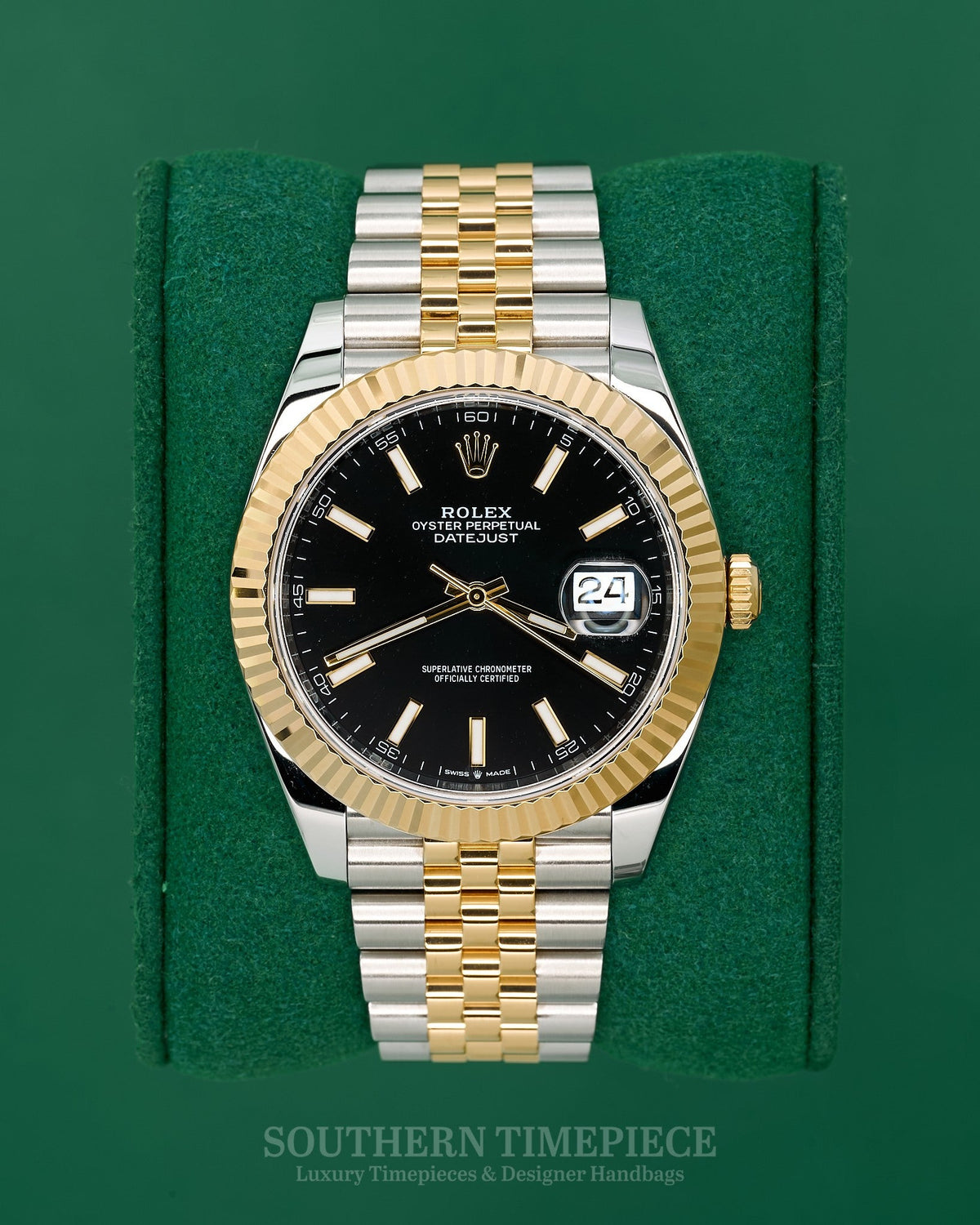 41mm Rolex Datejust with Black Stick Dial in 18kt Yellow Gold and Stainless on Jubilee (Ref: 126333)(Year: 2021)(Box & Papers)