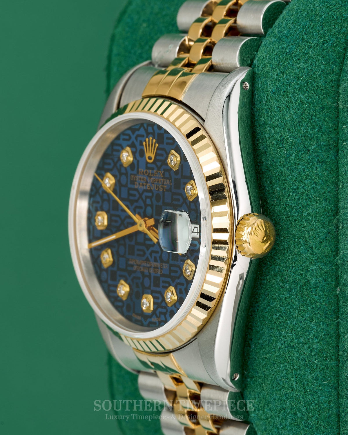 36mm Rolex Datejust with Custom Blue Anniversary Diamond Dial in 18kt Yellow Gold and Stainless Steel on Jubilee (Ref: 16233)(Year: 1991)