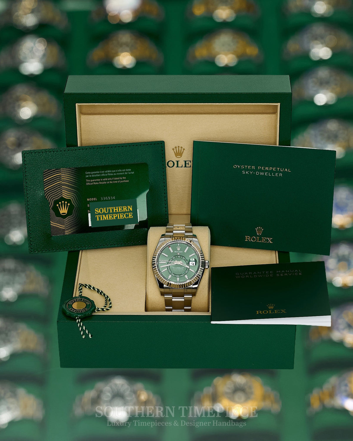 42mm Rolex Sky-Dweller Mint Green in 18kt White Gold & Oystersteel on Oyster (Ref: 336934)(Year: 2025)(Box & Papers)