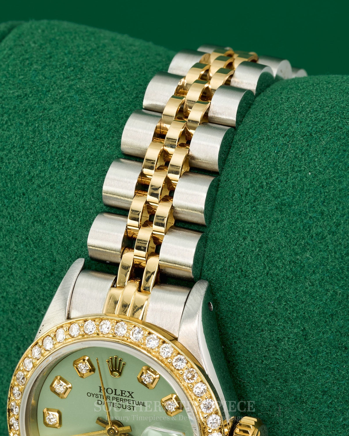 26mm Rolex Datejust with Custom Pistachio Diamond Dial and Diamond Bezel in 18kt Yellow Gold and Stainless (Ref: 69173)(Year: 1984)