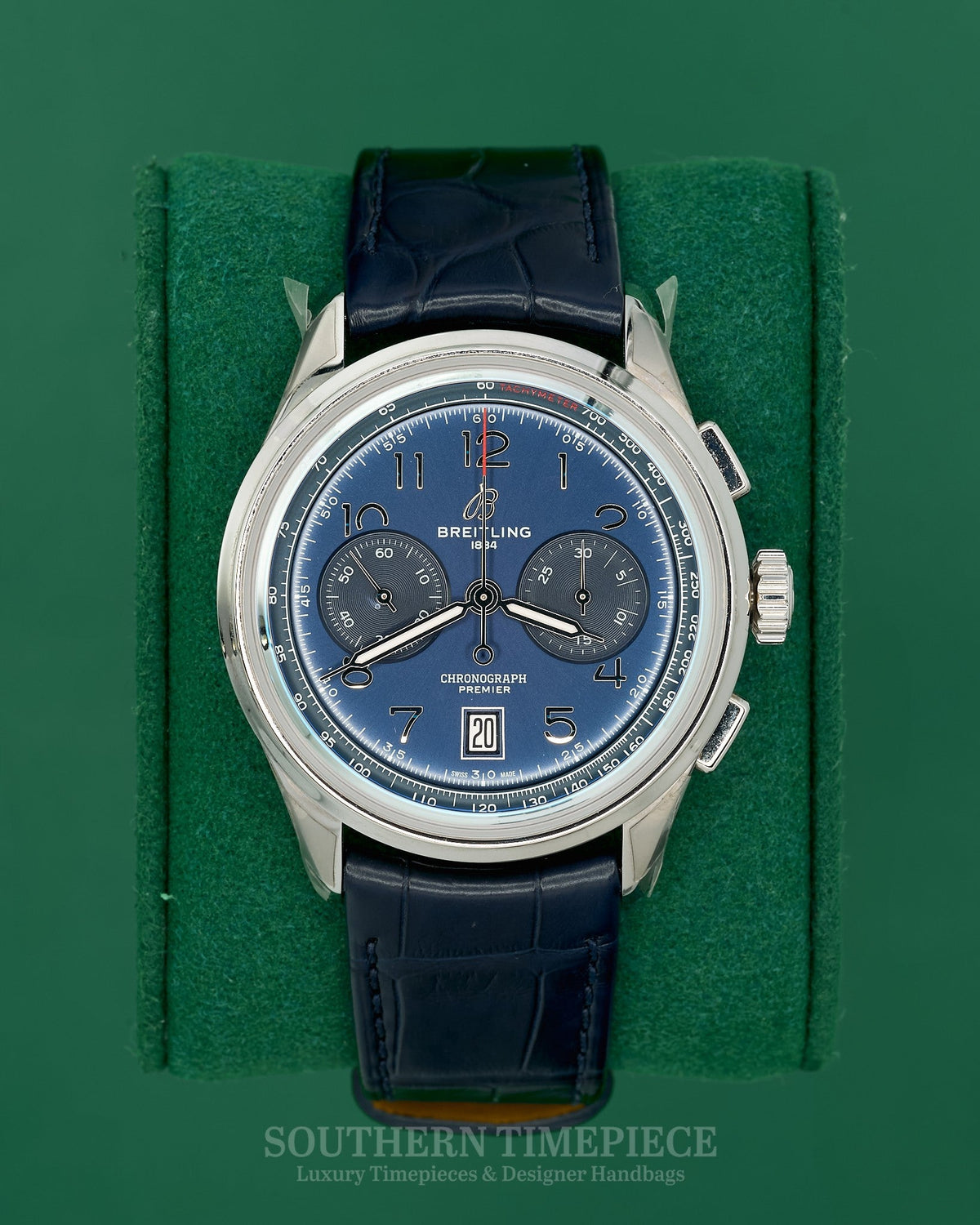 42mm Breitling Premier B01 Chronograph featuring a Blue Dial on Blue Leather (Ref: AB0145)(Year: 2023-Now)(Box)