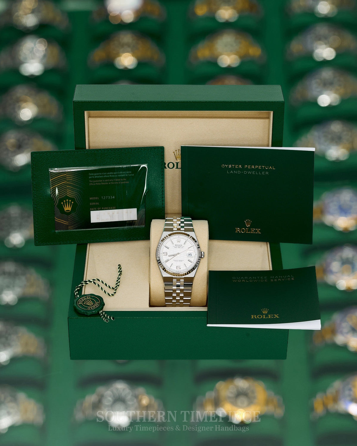 Brand New 2026 40mm Rolex Land-Dweller in Oystersteel and 18kt White Gold with White Honeycomb-Motif Dial (Ref: 127334)(Year: 2026)(Box & Papers)(SKU: S911871)