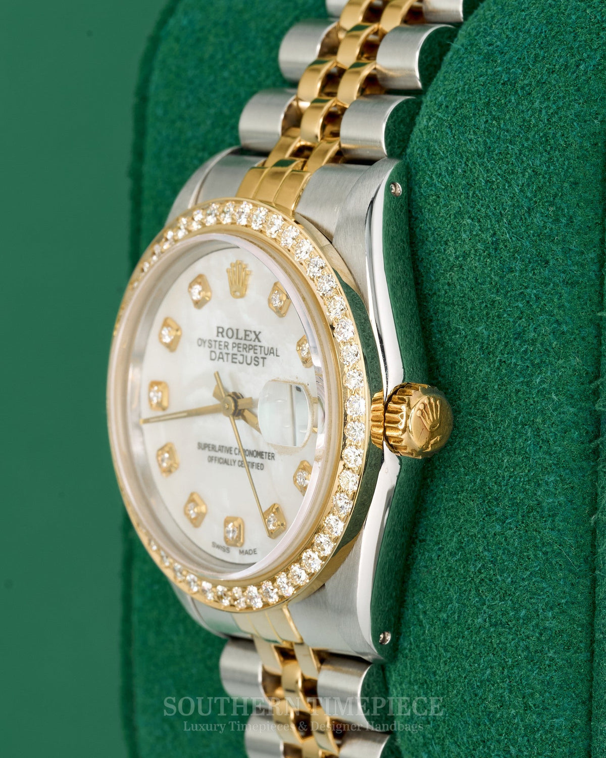 31mm Rolex Datejust with Custom Mother of Pearl Diamond Dial and Diamond Bezel in 18kt Yellow Gold and Stainless on Jubilee (Ref: 68273)(Year: 1989)