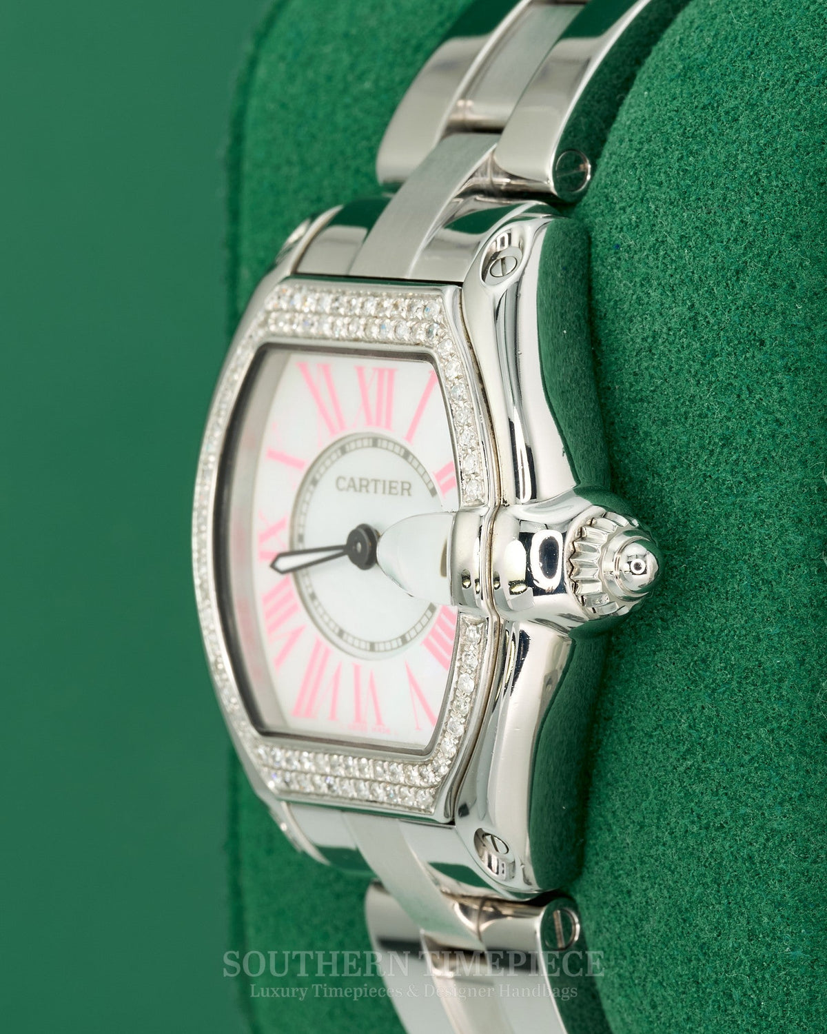 32mm Cartier Roadster with Rare Mother of Pearl Dial with Pink Romans in Stainless Steel with Custom Diamonds (Ref: W62016V3)(Year: 2000's-2010's)