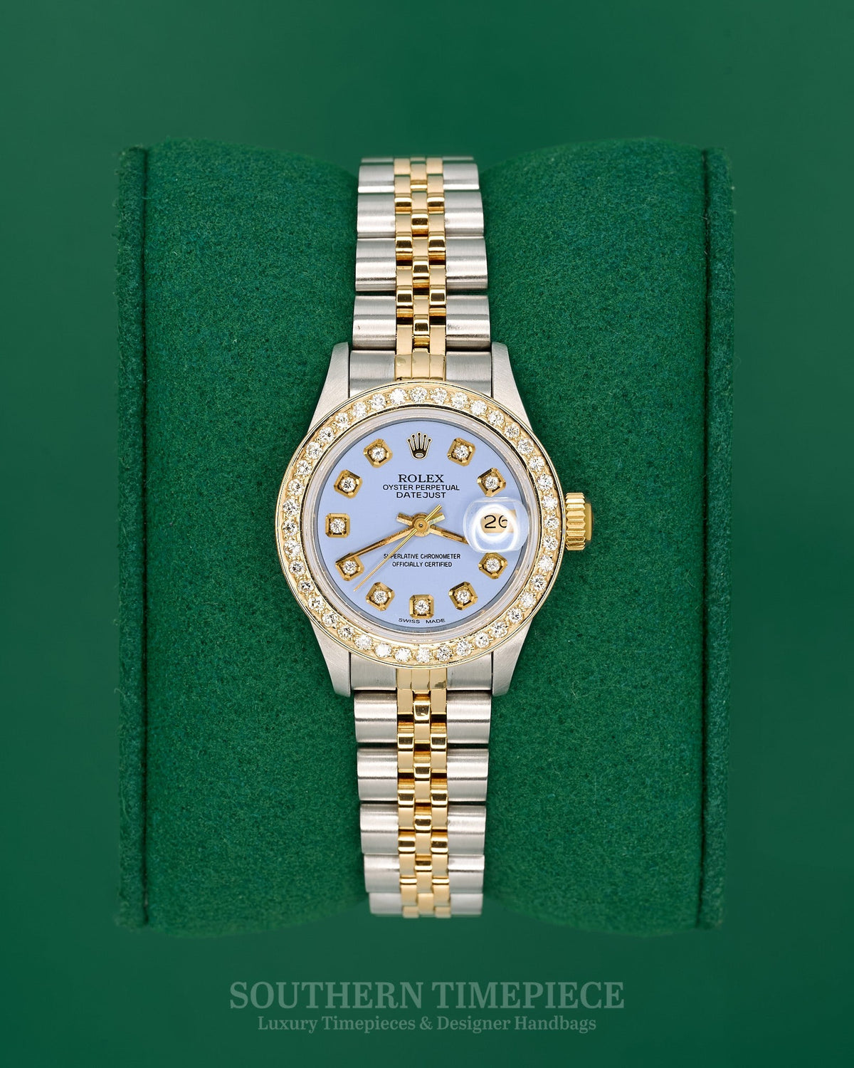 26mm Rolex Datejust with Custom Lilac Diamond Dial and Diamond Bezel in 18kt Yellow Gold and Stainless (Ref: 69173)(Year: 1991)