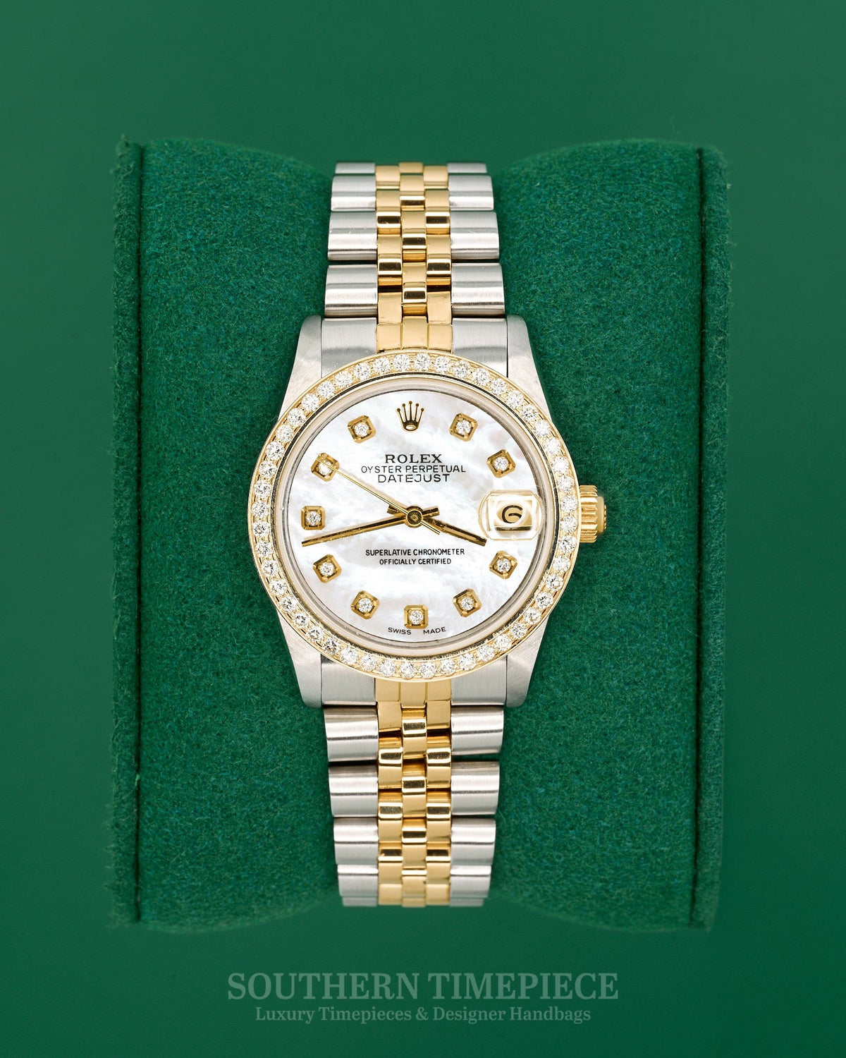31mm Rolex Datejust with Custom Mother of Pearl Diamond Dial and Diamond Bezel in 18kt Yellow Gold and Stainless on Jubilee (Ref: 68273)(Year: 1989) (M332235)