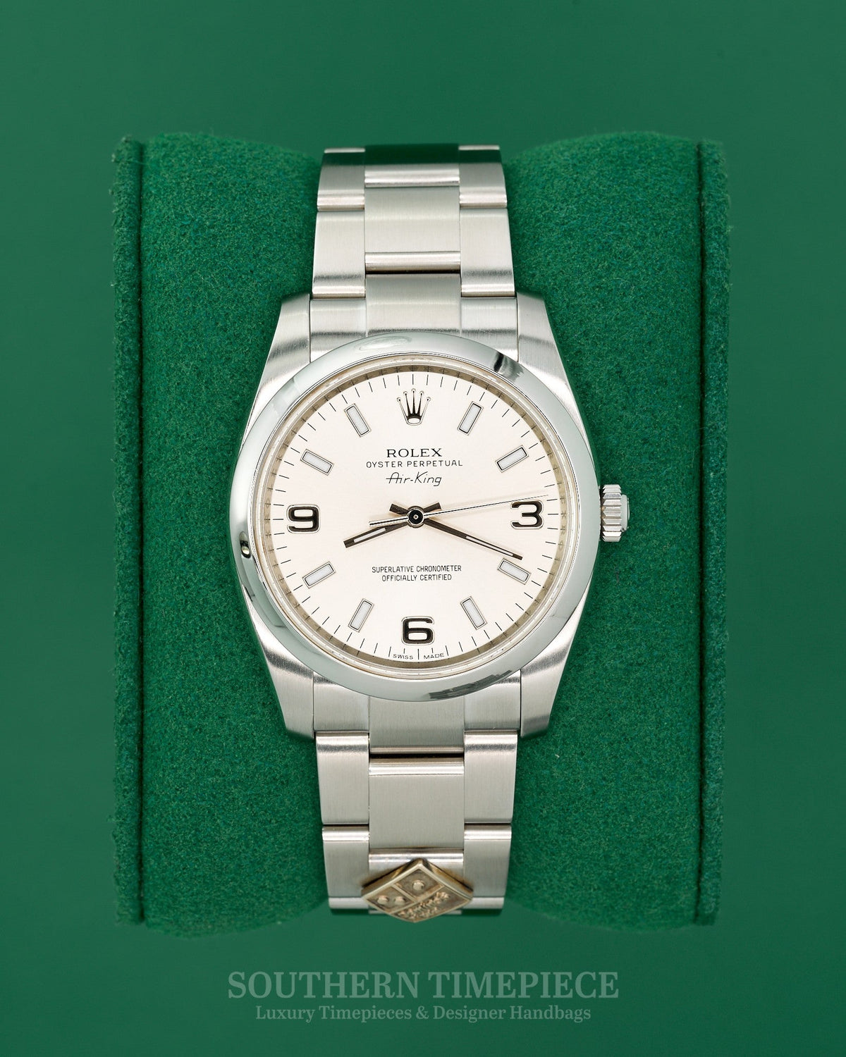 34mm Rolex Date "Domino's Pizza" with Silver Arabic Dial in Stainless Steel on Oyster (Ref: 115200)(Year: 2012)(Box & Papers)