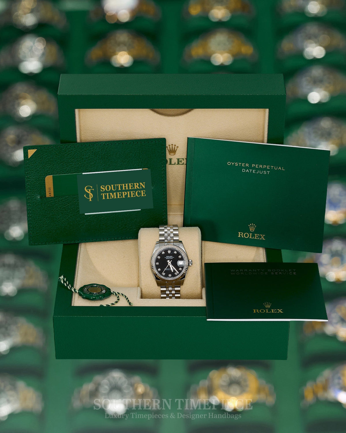 31mm Rolex Datejust with Factory Black Diamond Dial in 18kt White Gold & Oystersteel on Jubilee (Ref: 178274)(Year: 2019)(Box & Papers)
