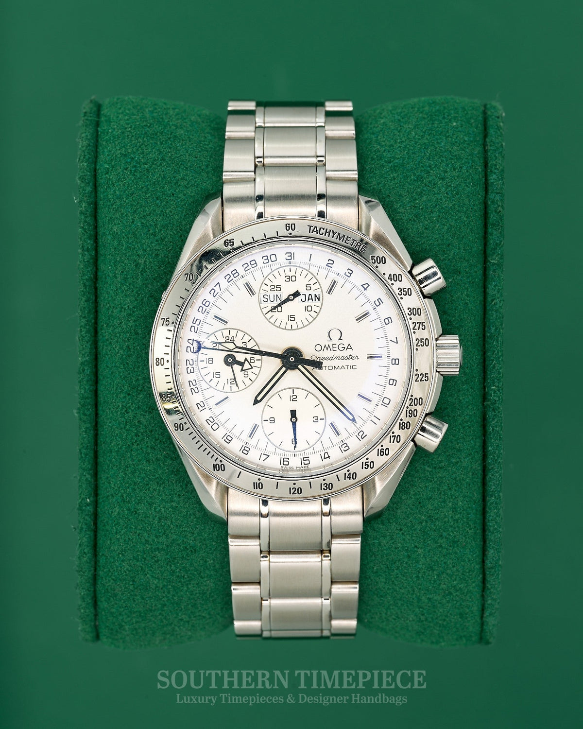 39mm Omega Speedmaster Triple Date Chronograph with Silver Dial in Stainless Steel (Ref: 3523.30)(Year: ~1999-2007)