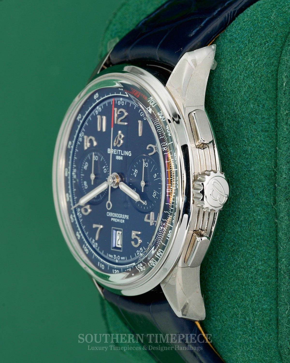42mm Breitling Premier B01 Chronograph featuring a Blue Dial on Blue Leather (Ref: AB0145)(Year: 2023-Now)(Box)
