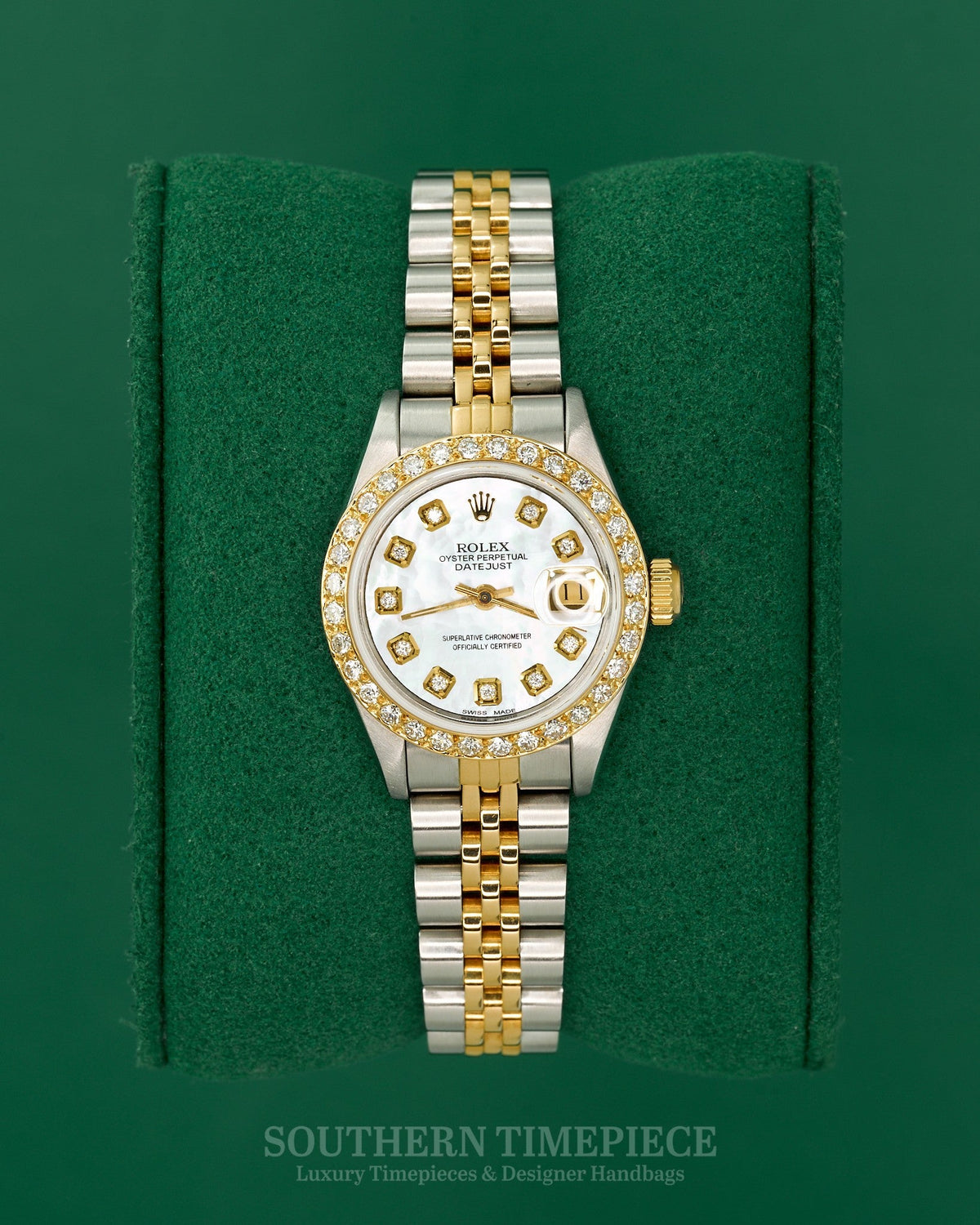 26mm Rolex Datejust in 18kt Yellow Gold & Stainless with Custom Mother of Pearl Diamond Dial and Diamond Bezel (Ref: 69173)(Year: 1989)