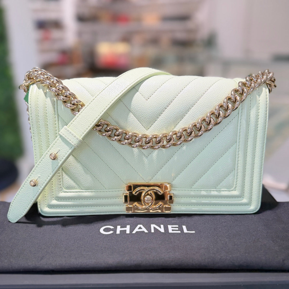 Chanel Medium Boy Bag - Light Green Chevron Quilted Caviar Leather (2023)