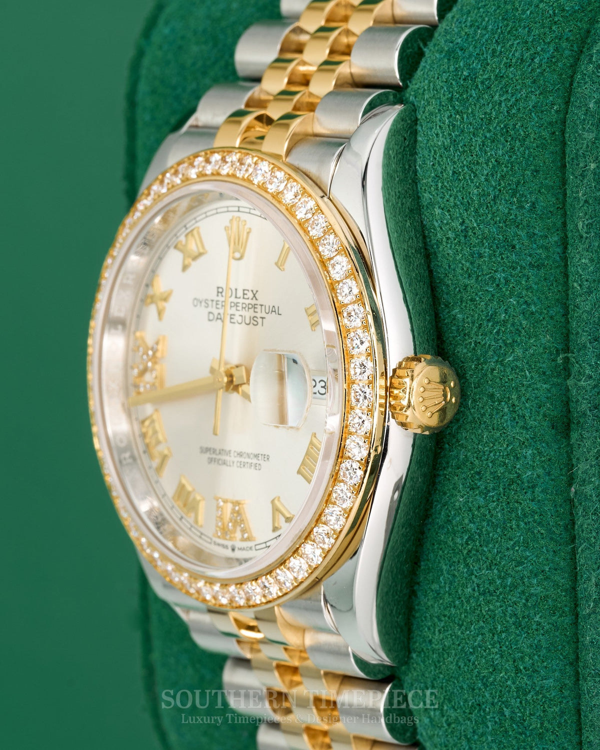 36mm Rolex Datejust with Factory Silver Diamond Dial and Diamond Bezel in 18kt Yellow Gold and Stainless on Jubilee (Ref: 126283RBR)