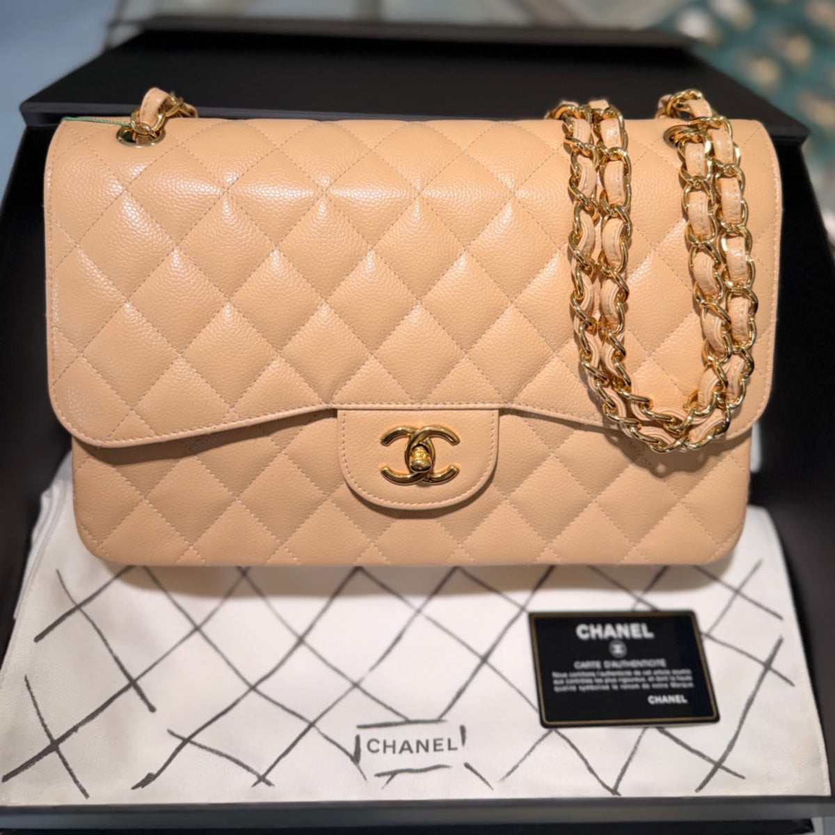 Chanel Jumbo Classic Double Flap Bag - Beige Caviar Leather & Gold Hardware (2014-2015)