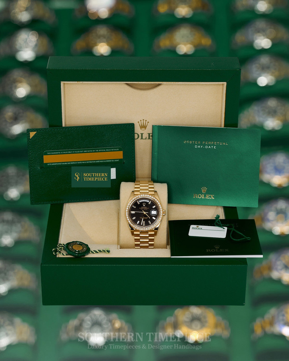 40mm Rolex Day-Date "President" with Factory Black Baguette Diamond Dial and Diamond Bezel in Solid 18kt Yellow Gold (Ref: 228348RBR)(Year: 2019)(B&P)