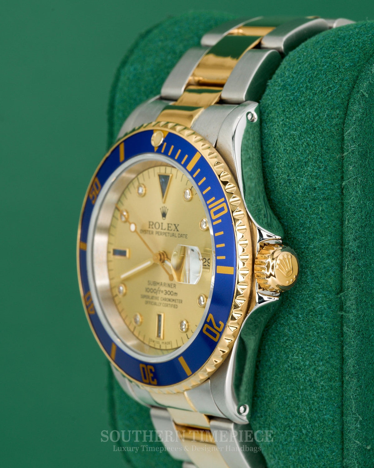 40mm Rolex Submariner Date "Bluesy" with Custom Champagne Serti Dial in 18kt Yellow Gold and Stainless (Ref: 16613)(Year: 1999)