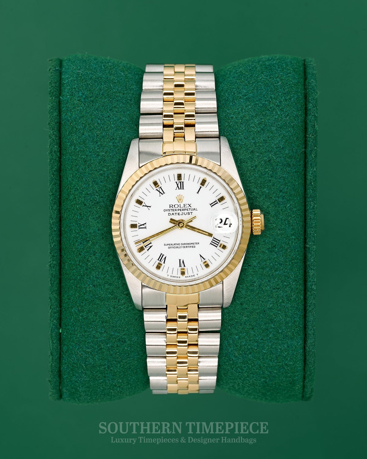 31mm Rolex Datejust with White Roman Buckley Dial in 18kt Yellow Gold and Stainless on Jubilee (Ref: 68273)(Year: 1991)