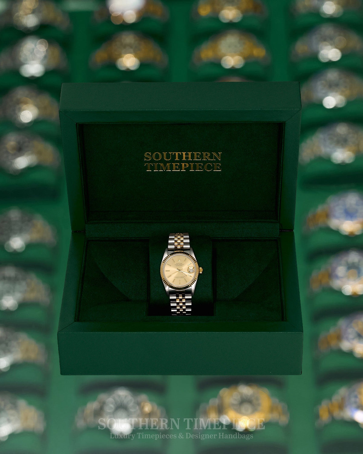 31mm Rolex Datejust with Champagne Stick Dial in 18kt Yellow Gold and Stainless on Jubilee (Ref: 68273)(Year: 1990)