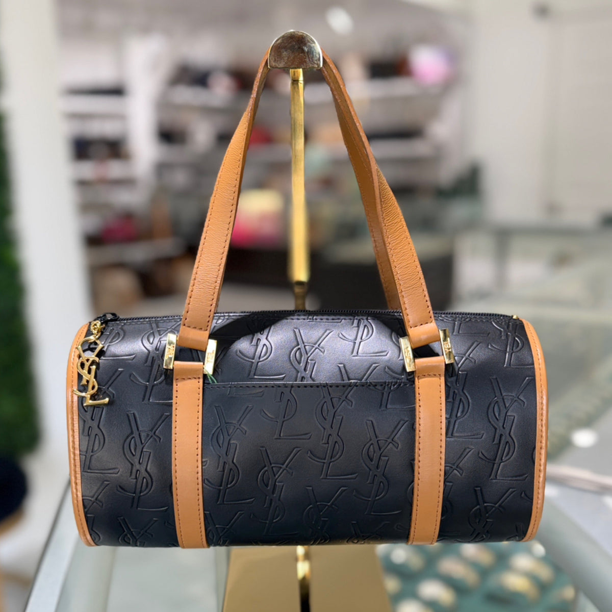Saint Laurent YSL Cylinder Boston Bag - Black Embossed Monogram Logo Leather