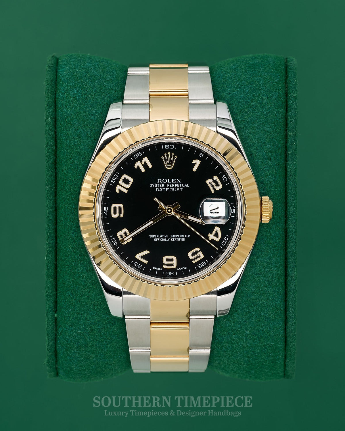 41mm Rolex Datejust with Black Arabic Numeral Dial in 18kt Yellow Gold and Stainless on Oyster (Ref: 116333)(Year: 2011)(Box & Papers)