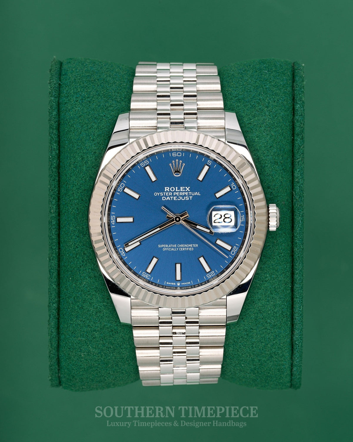 41mm Rolex Datejust in 18kt White Gold and Oystersteel with Blue Stick Dial on Jubilee (Ref: 126334)(Year: 2018)(Box & Papers)