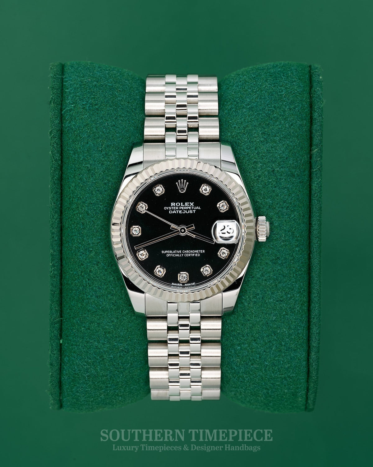 31mm Rolex Datejust with Factory Black Diamond Dial in 18kt White Gold & Oystersteel on Jubilee (Ref: 178274)(Year: 2019)(Box & Papers)