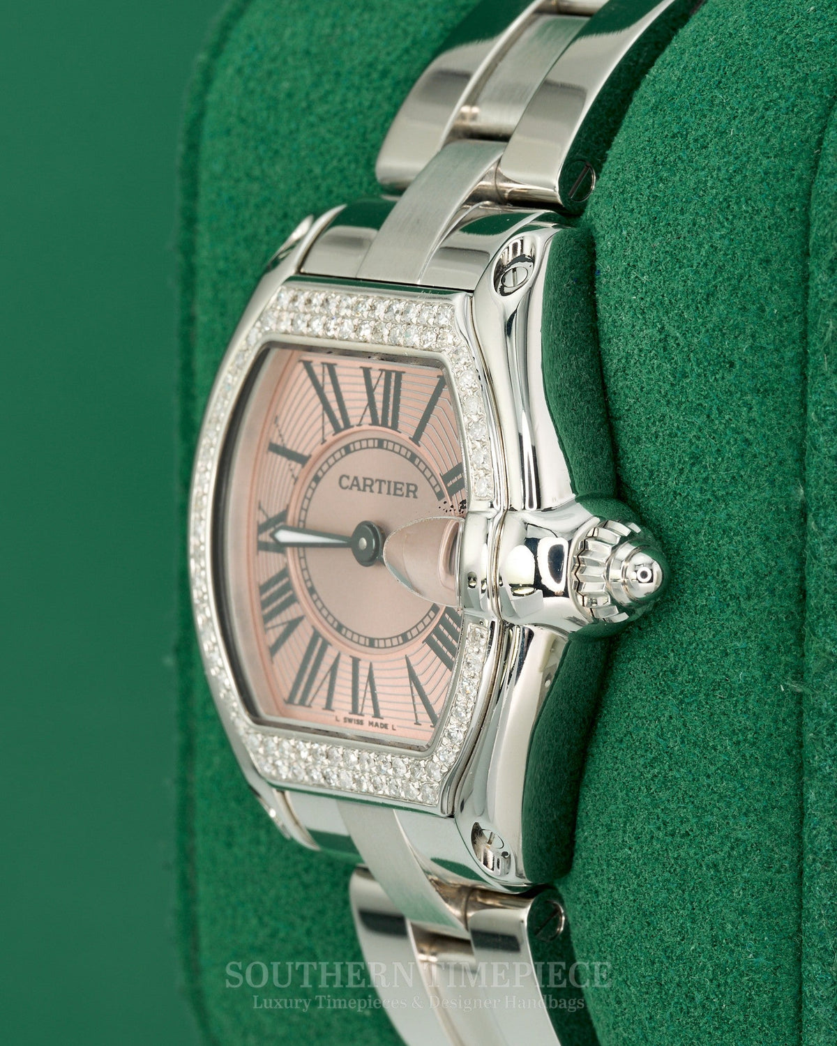 32mm Cartier Roadster with Pink Roman Dial in Stainless Steel with Custom Diamonds (Ref: W62017V3)(Year: 2000's-2010's)