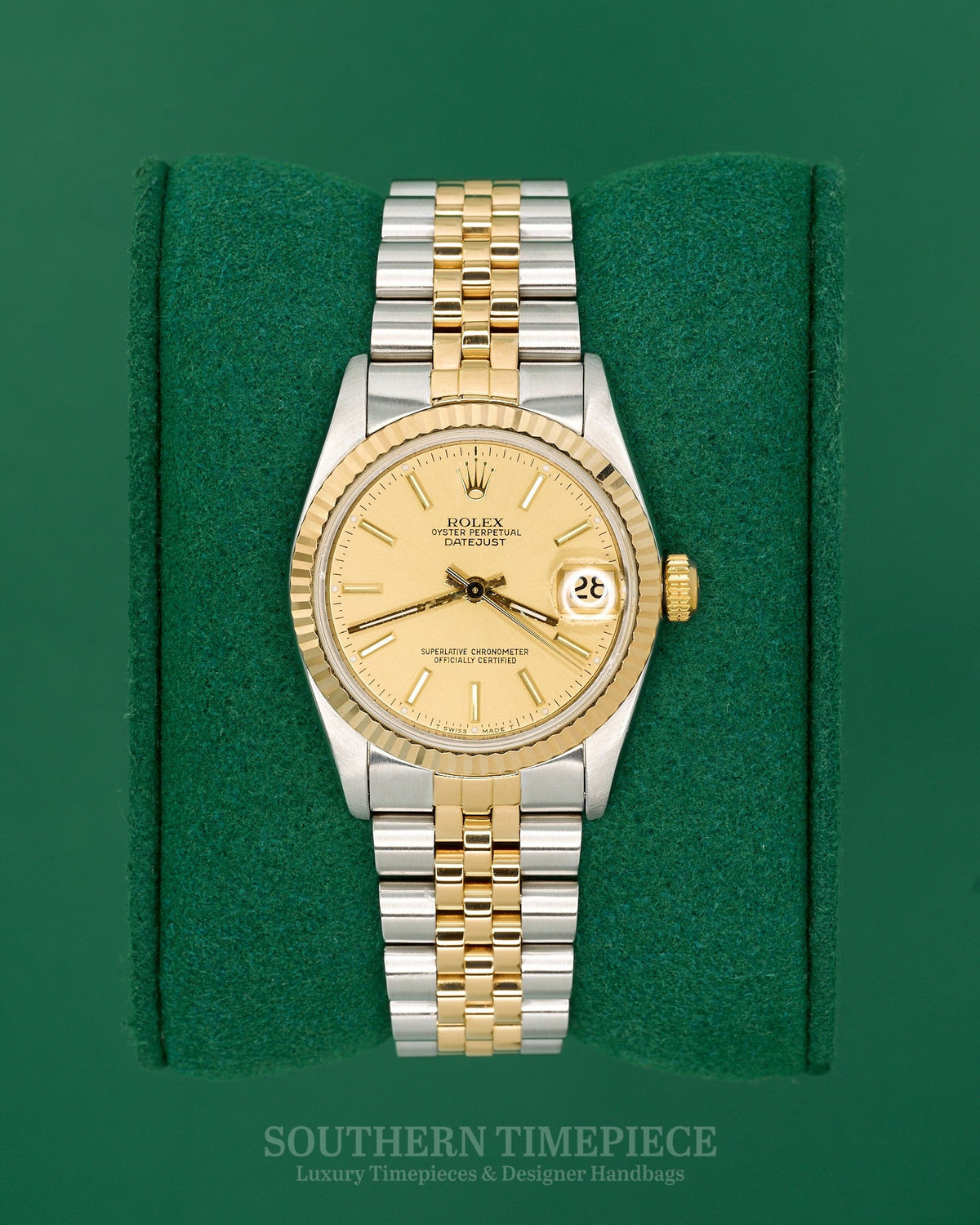 31mm Rolex Datejust with Champagne Stick Dial in 18kt Yellow Gold and Stainless on Jubilee (Ref: 68273)(Year: 1990)