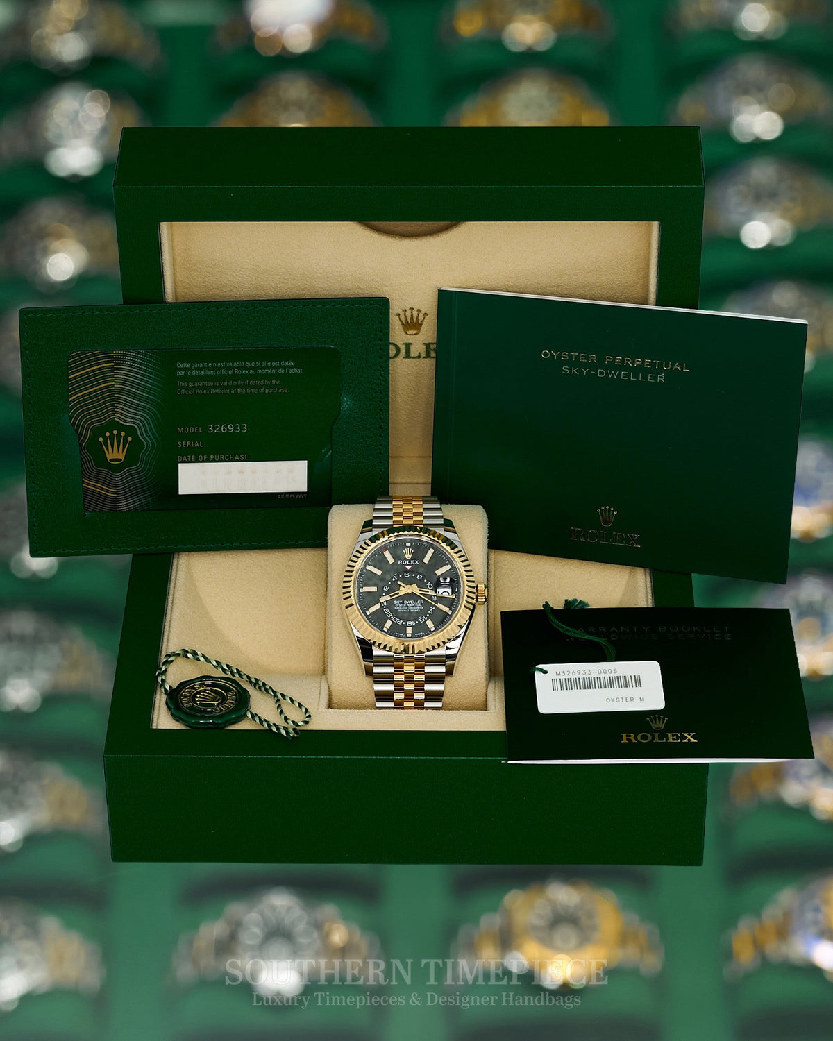 42mm Rolex Sky-Dweller with Black Dial in 18kt Yellow Gold and Stainless on Jubilee (Ref: 326933)(Year: 2022)(Box & Papers)