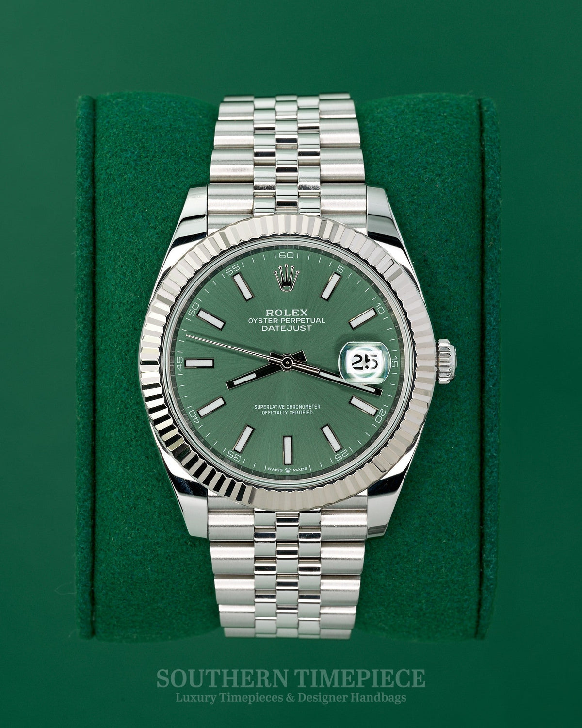 41mm Rolex Datejust Mint Green 18kt White Gold Fluted Bezel on Jubilee Bracelet (Ref: 126334)(Year: 2022)(Box & Papers)