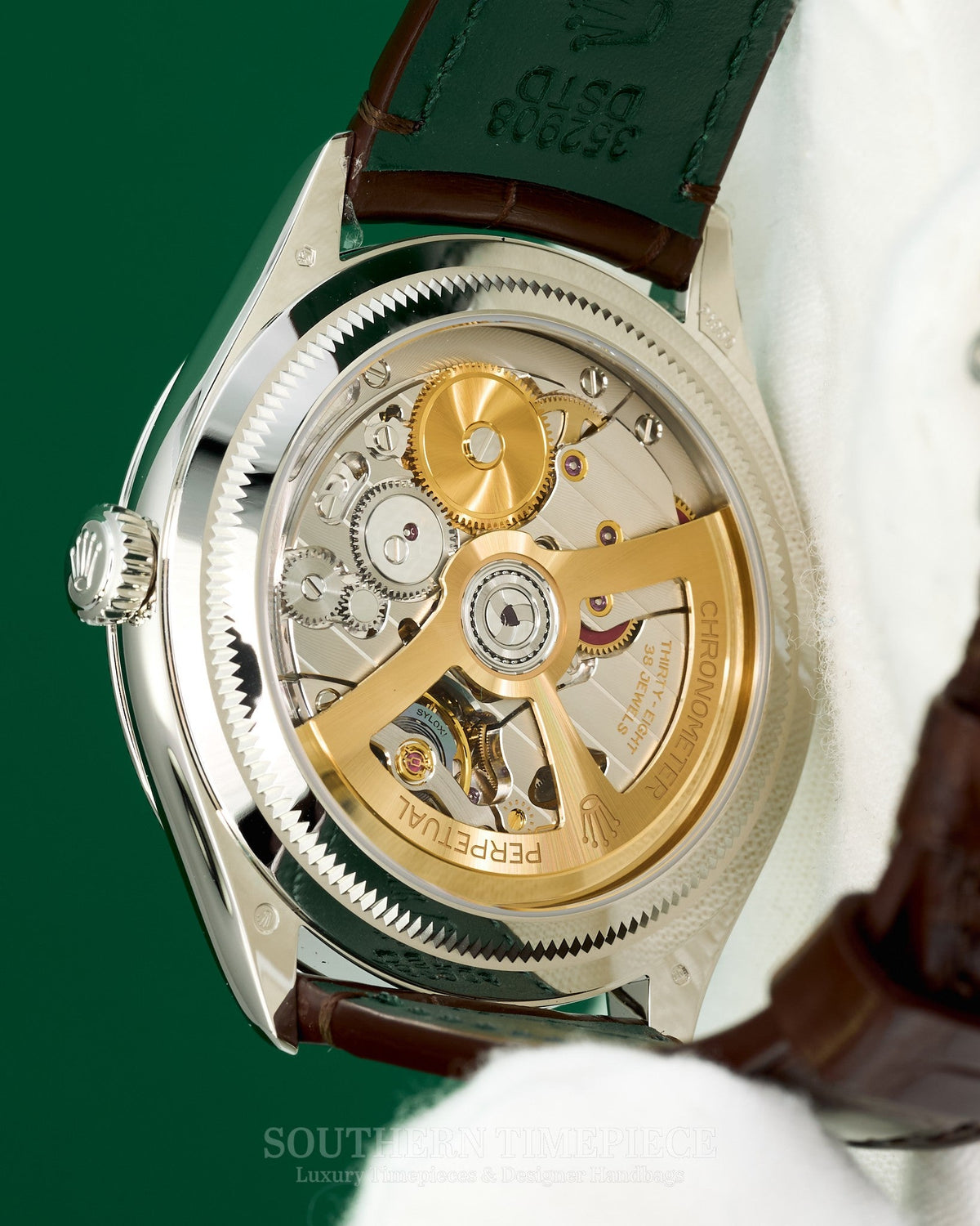 Brand New 2026 39mm Rolex 1908 in Solid Platinum with Ice Blue Dial on Brown Alligator Leather Strap (Ref: 52506)(Year: 2026)(Box & Papers)
