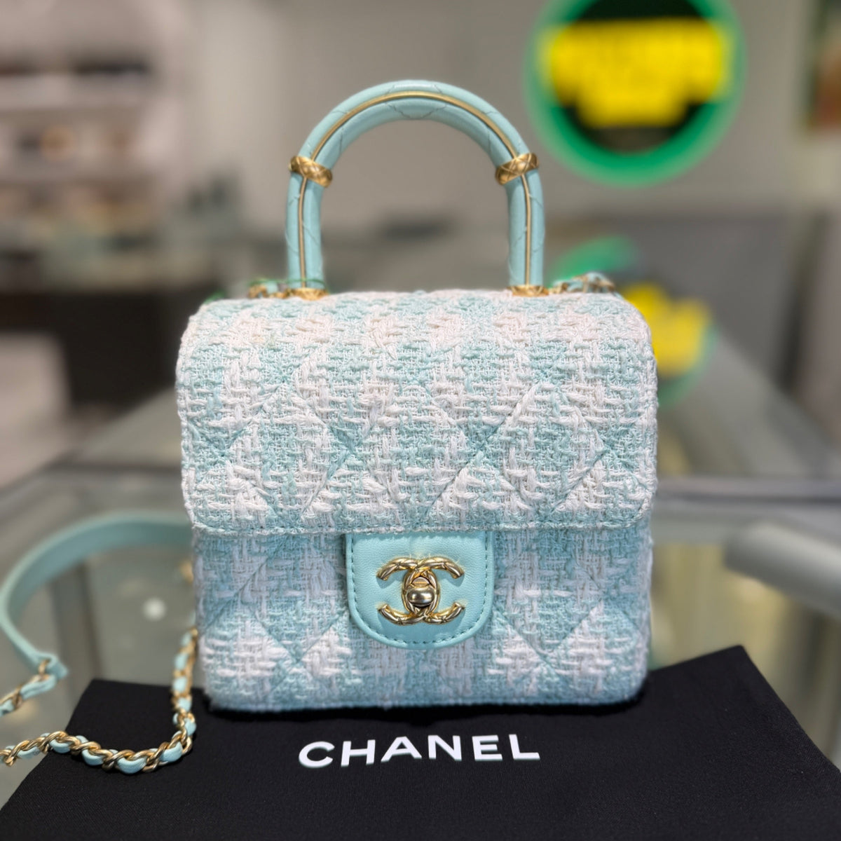 Chanel Top Handle Crush Flap Bag - Light Tiffany Blue Ecru Tweed & Leather (2021+)