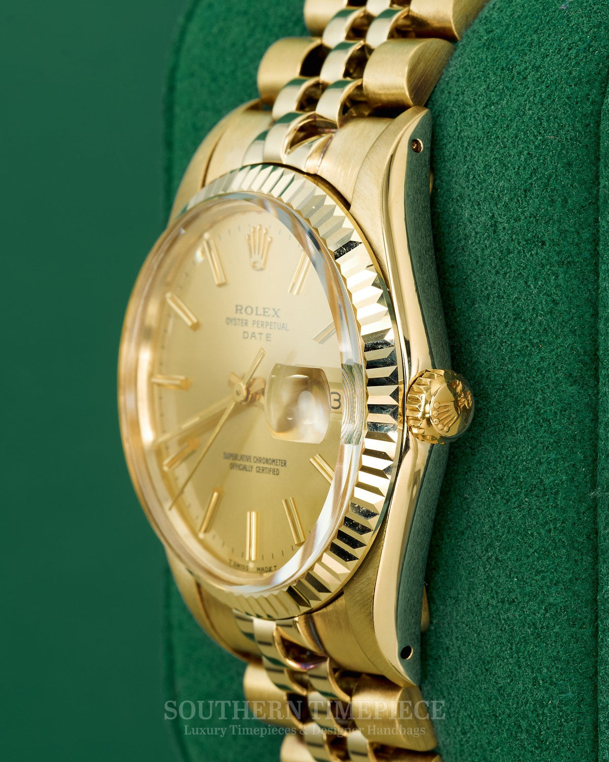 34mm Rolex Date in Solid 14kt Yellow Gold with Champagne Stick Dial and Fluted Bezel on Jubilee (Ref: 15037)(Year: 1987)(Box & Papers)
