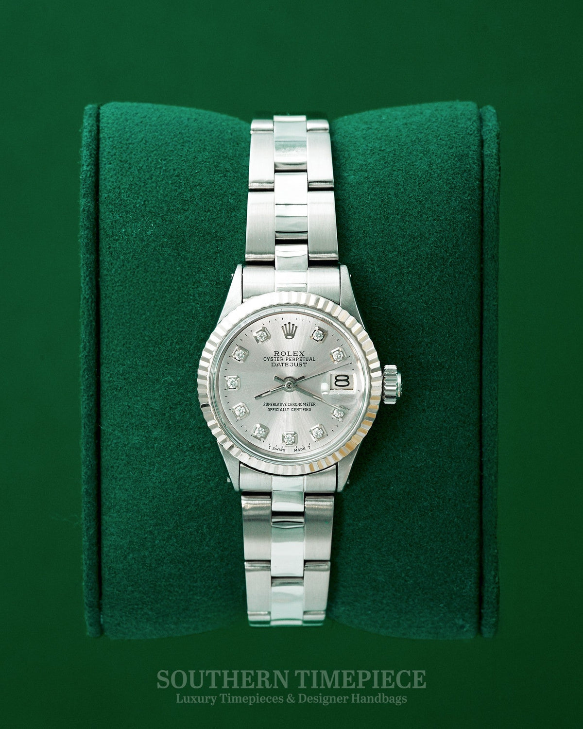 26mm Rolex Datejust with Custom Silver Diamond Dial and Fluted Bezel in Stainless Steel on Oyster (Ref: 6516)(Year: 1970)