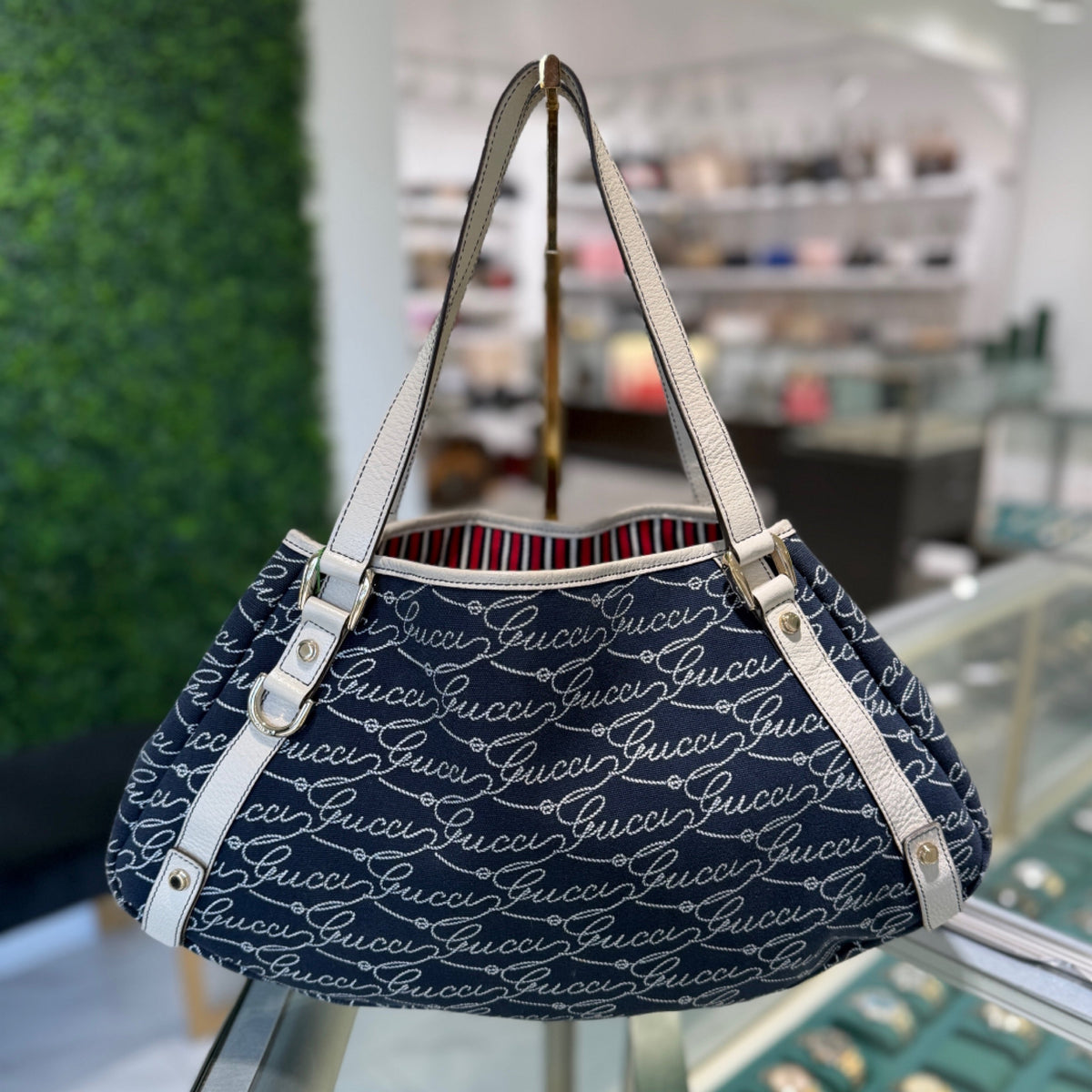 Gucci Abbey Tote Bag - Blue & White Canvas