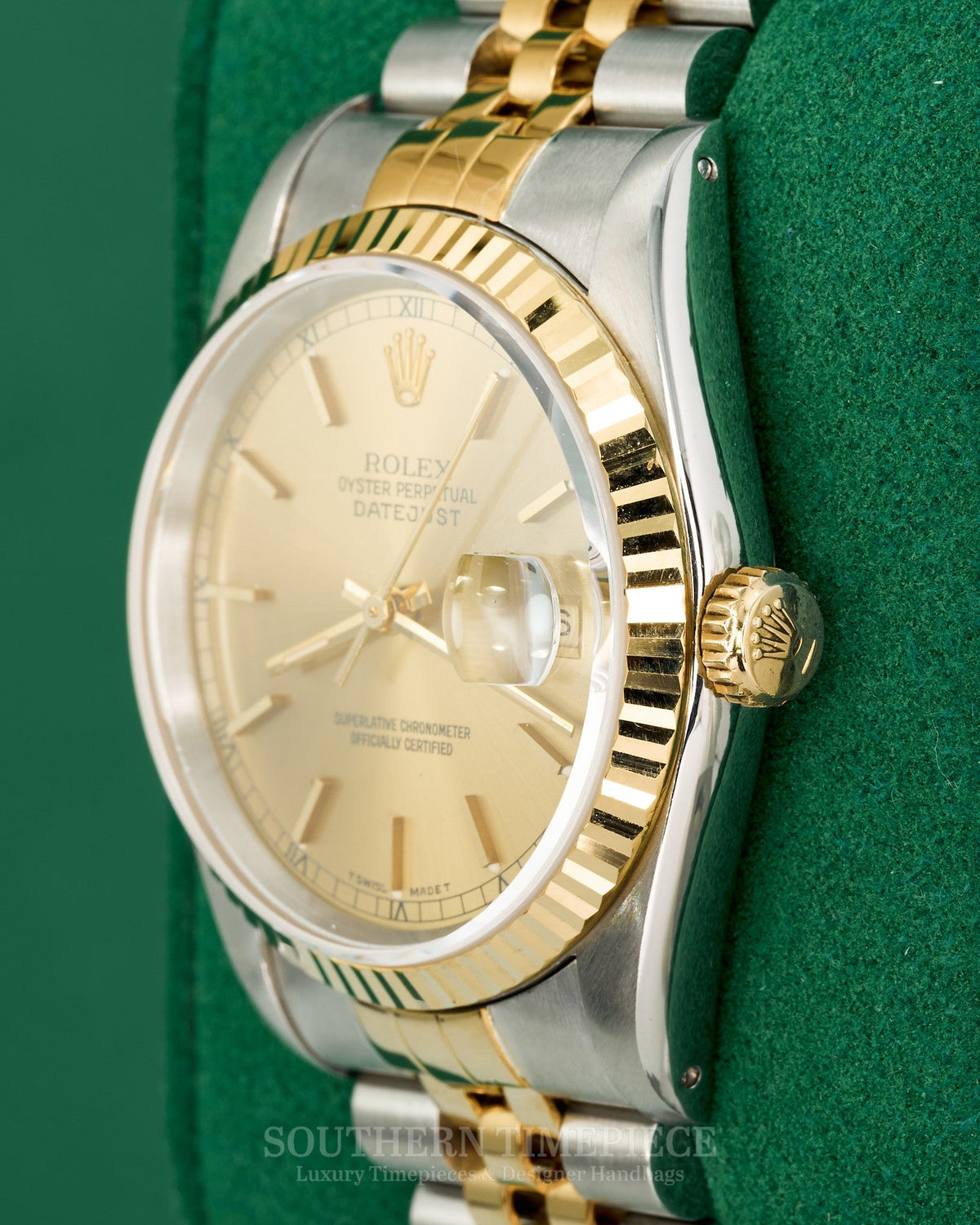 36mm Rolex Datejust with Champagne Stick Dial in 18kt Yellow Gold and Stainless on Jubilee (Ref: 16233)(Year: 1991)